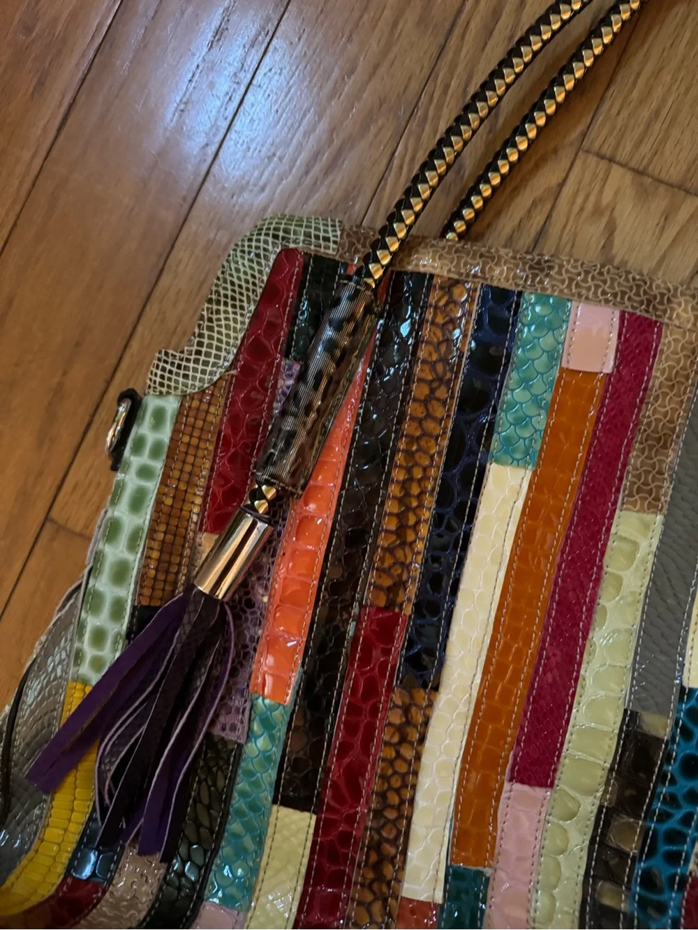 Multicolor Patchwork Faux Exotic Embossed Tote Shoulder Bag Boho Unique Eclectic